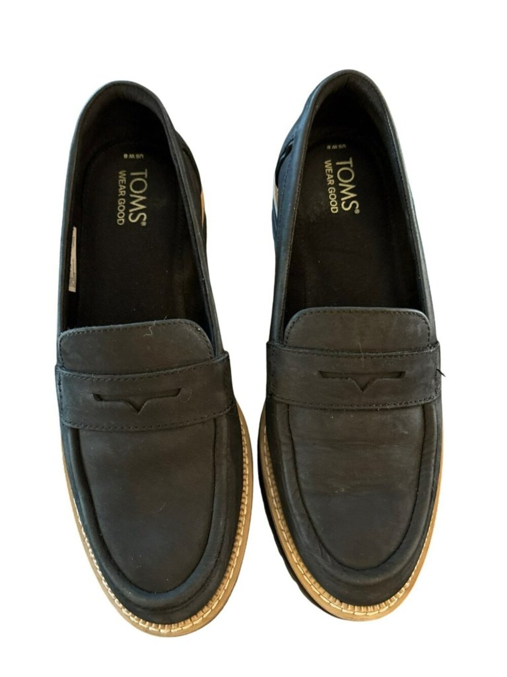TOMS Cara Black Leather Platform Loafers With Lug Sole US 8